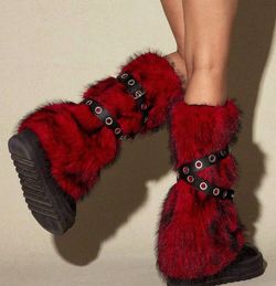 Red Furry Leg Warmers