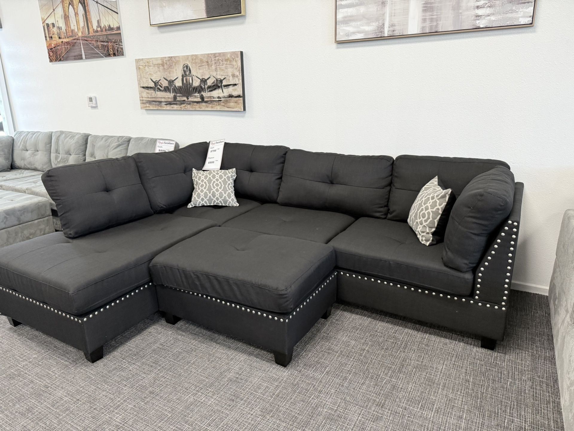 Black Sofa Sectional Set W/ Ottoman- EZ $10 Down Payment Options Available