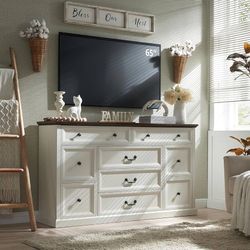 Farmhouse 9 Drawers Dresser for Bedroom, 60" Wide Wood Rustic Chest of Drawers, Large Storage Dressers Organizer for Bedroom, Living Room, Hallway, Di