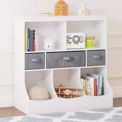 Toy Storage Organizer, 8 Cubbies Bookcase with 3 Baskets, White(GH13)