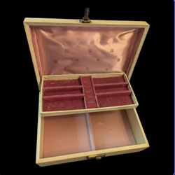 Vintage Mid Century 50s Beige Gold Leaves 2 Tiered Pink Velvet Satin Lined Jewelry Organizer Box