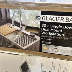 Glacier Bay Dolancourt Tight Radius 33 in. Drop-In Single Bowl 18G Stainless Steel Workstation Kitch
