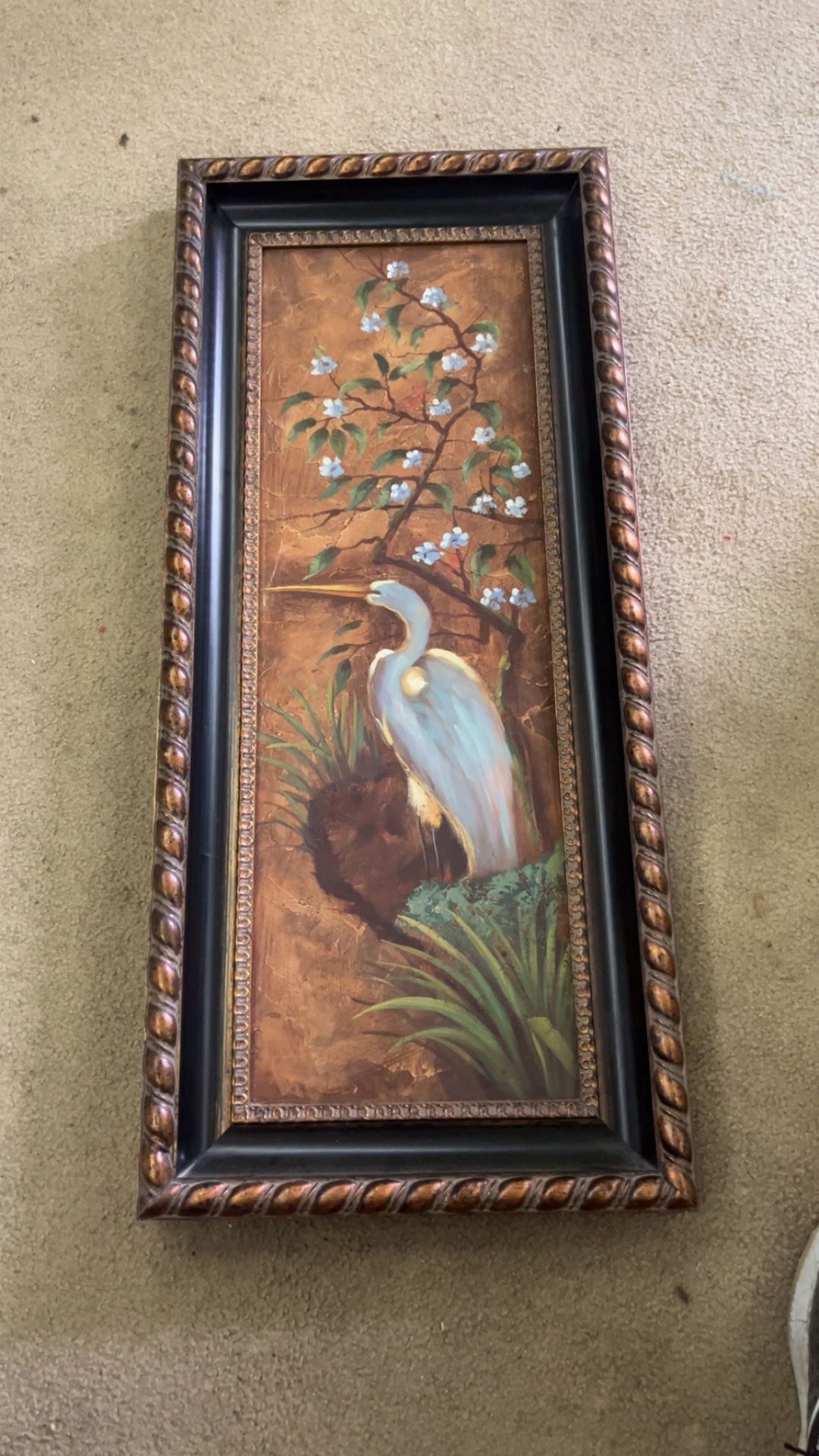 Vintage Original oil painting white Crane bird and trees