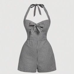 women's black and white plaid halter necktie jumpsuit size small