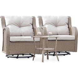 3 Piece Rattan Bistro Swivel Furniture Set, 2 Cushioned Swivel Wicker Chair with Coffee Table