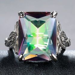 Huge Rectangle Rainbow Mystic Topaz Vintage Silver Ring - Size 6