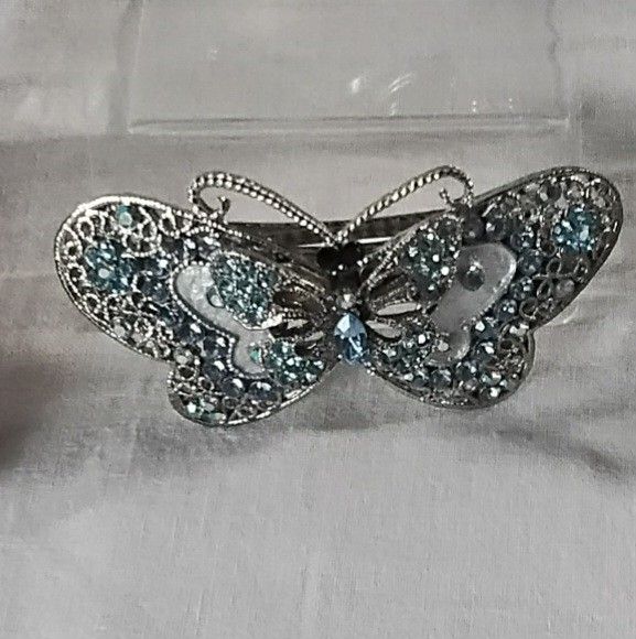 Butterfly Silver Tone Barrette with Blue Rhinestones