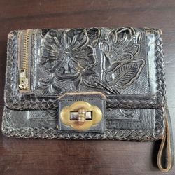 Black Leather Hand Made Wristlet Wallet  Guadalajara With Brass Accents  5 by 3.5"