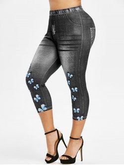Denim Print Butterfly Capri Leggings 1x