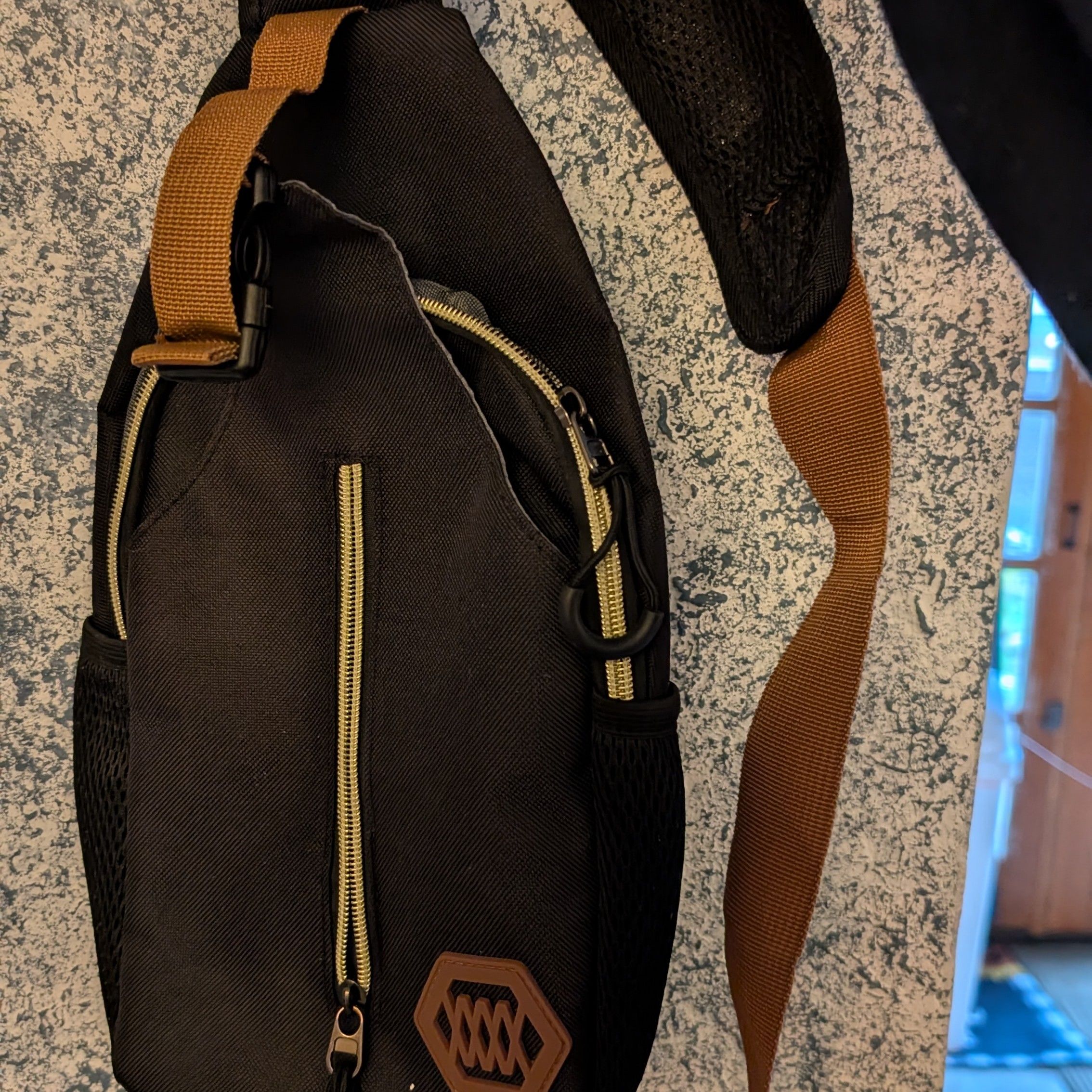 Black Canvas Fanny Pack with Brown Strap