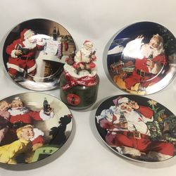 Coca-Cola Holiday Portraits Set Of 4 Santa 8” Stoneware Collectible Plates and Candle