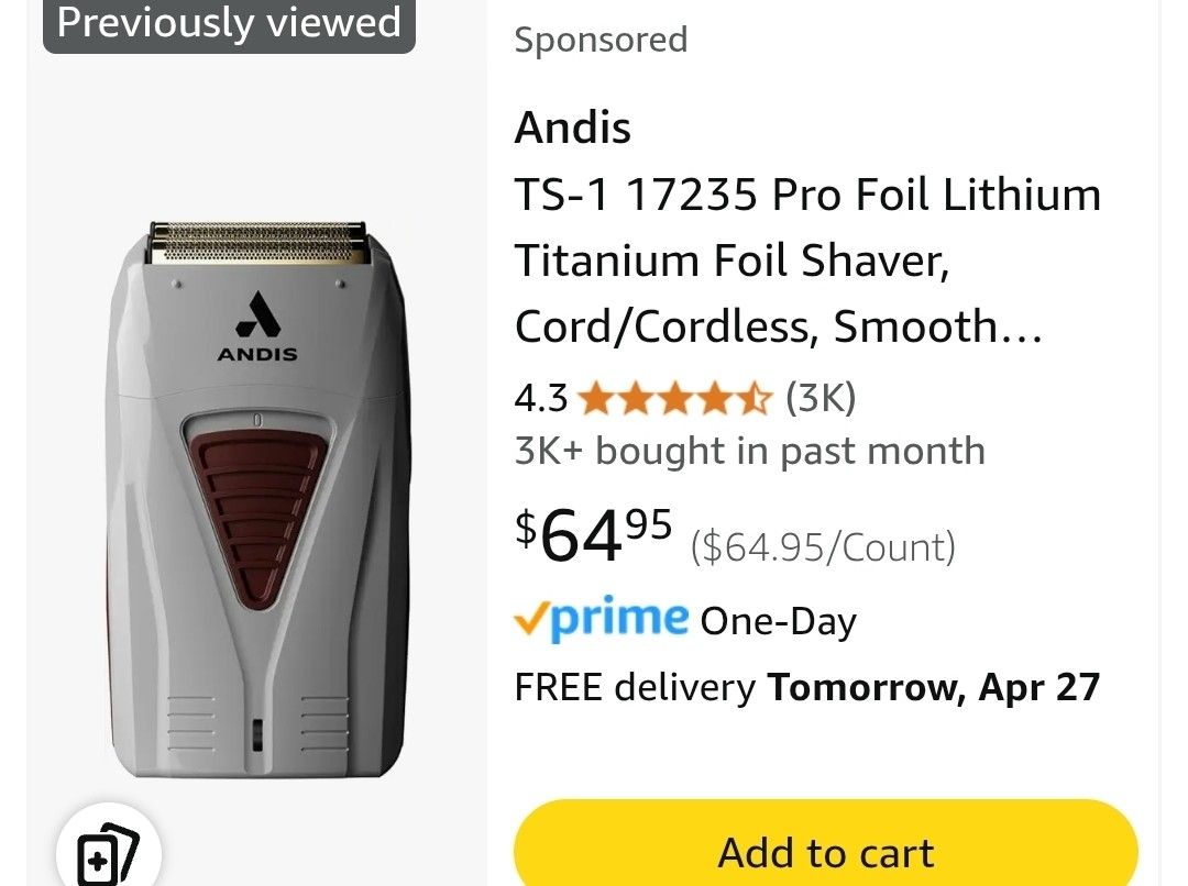 Andis TS-1 17235 Pro Foil Lithium Titanium Foil Shaver, Cord/Cordless, Smooth Shaving Cordless Shaver with Charger, Gray