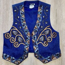 Blue Jean Vtg 1990's Sharmark Las Vegas Sequin Beaded Denim VEST Womens SIZE M