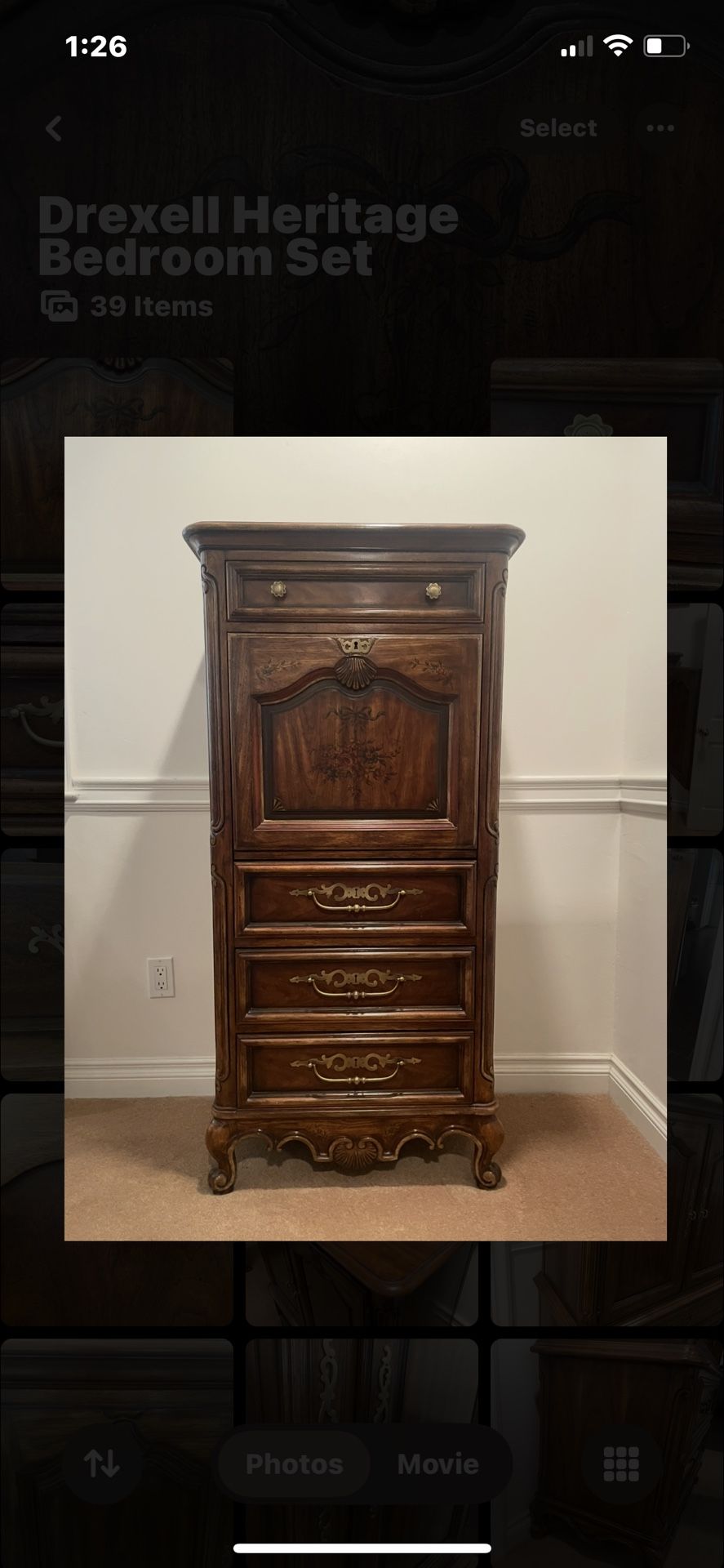 Vintage Drexel Heritage Secretary Desk with Floral Motifs