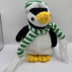 Vintage Cuddle Wit Plush Black White Yellow Penguin Green White Knitted Hat Scarf 8"