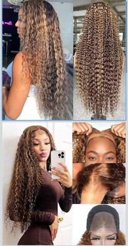 🔥Brand new🔥 P4/27 Honey Blonde Ombre Highlight Deep Wave Wear and Go Guleless Wig Human Hair Precut Lace 5×5 Deep Curly Closure Wig 180 Density HD L