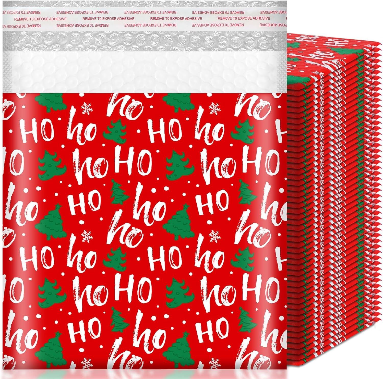 50 Pcs Christmas Poly Bubble Mailers Christmas Padded Envelopes 8.27 x 9.45 Inch Xmas Envelopes Shipping Bags Self Sealing Winter Waterproof Postal Ba