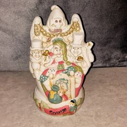 VINTAGE 1991 GINY INC. SCROOGE "A CHRISTMAS CAROL" PORCELAIN MUSIC BOX  HAND-PAINTED FIGURINE  SCROOGE SURROUNDED BY CHARACTERS FROM THE CLASSIC STORY