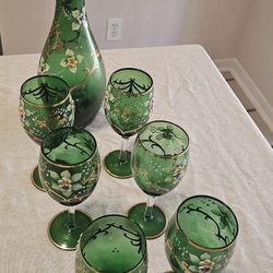 Vintage Wine Glasses & Decanter - Green 
