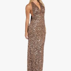 Women's Mocha Sequin Halter Gown | Elegant Juniors' Open Back & Thigh Slit Prom & Formal Dress
