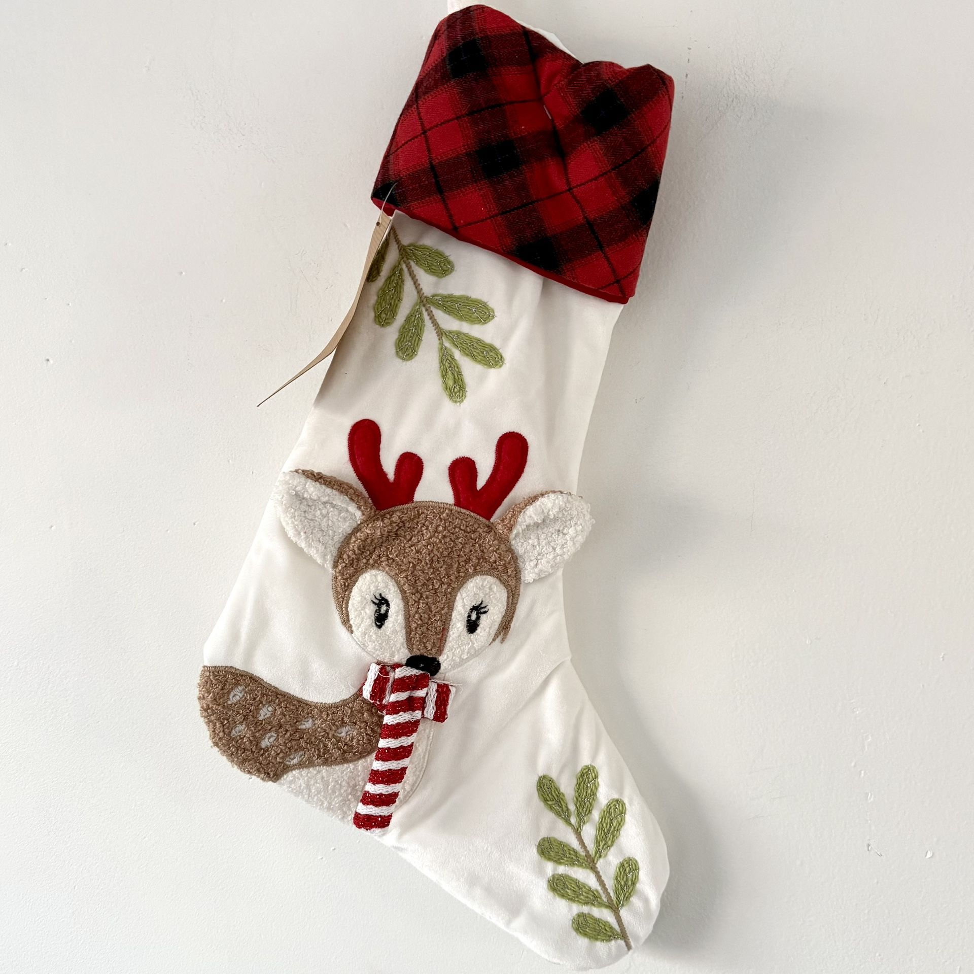 NEW – Set of 2 Reindeer Christmas Stockings Holiday Mantel Décor Buffalo Plaid