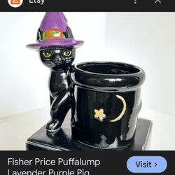 Vintage Black Cat Holloween Candle Holders And Witch Colderin Set