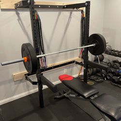 PRX Folding Squat rack w/folding Bench, Landmine Attachment And Spotter Arms And 