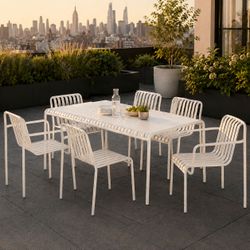7-Pc Outdoor Patio "Palissade" White Powder Coated Steel Dining Set:  Table / 4 Side Chairs / 2 Armchairs (by DWR) [NEW]   **NO Assembly Req