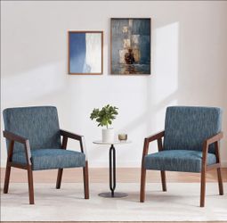 Solid Wooden, Set of 2, Mid Century Modern Accent Chair, Upholstered Arm Chair for Living Room, Bedroom, Linen Fabric Reading Chair, Side Chair, Blue