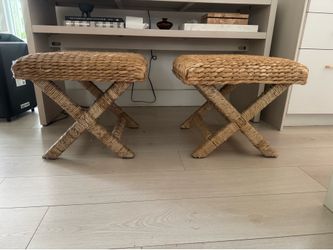 Pair of Woven Water Hyacinth X-Benches / Stools