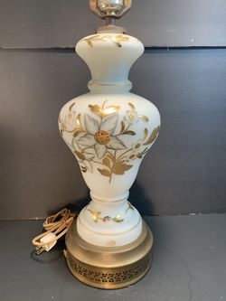 Antique West-Germany Floral Handpainted Satin-Glass/Brass Table Lamp (Height: 27-3/4”)