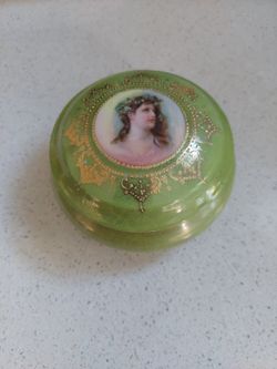 Royal Wettin Germany Handpainted Porcelain Portrait Light Green Gold