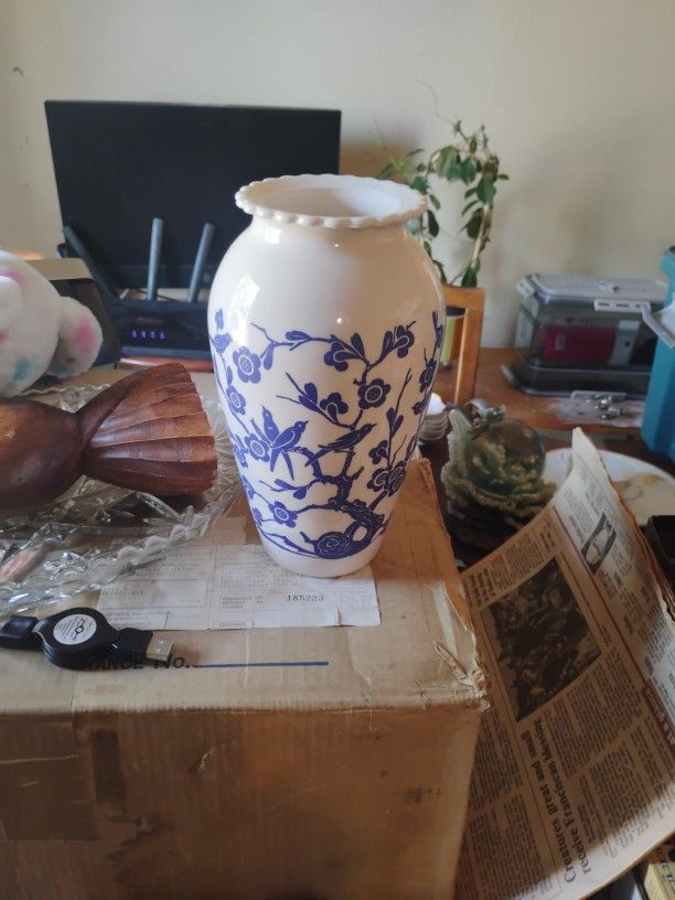 Two Vintage Milk Glass Spaces With Blue Birds