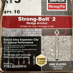 Simpson 5/8" x 5" Strong-Tie Strong Bolt 2 Wedge Anchor Fully-Assembled, Zinc Plated, Pkg 10, New