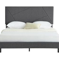 Grey Upholstered Bed Frame with Adjustable Headboard and Strong Wooden Slats - Mattress Foundation, No Box Spring Needed - Easy Assembly, Full Size