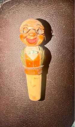 Vintage Anri Italy Carved Wooden Bottle Stopper Man with Glasses