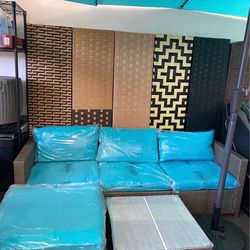 5 PCs Patio Furniture Set Outdoor Sofa Sectional Gray Wicker W/ Washable Cushions Red/Blue