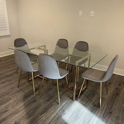 Big Glass Dining Table And 6 Gray Velvet Chairs