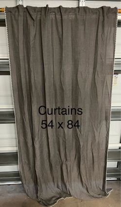 REDUCED!!   Threshold light filtering gray with white stitched borders.  4 panels. Measurements are 54 inches  by 84 inches. In Excellent condition