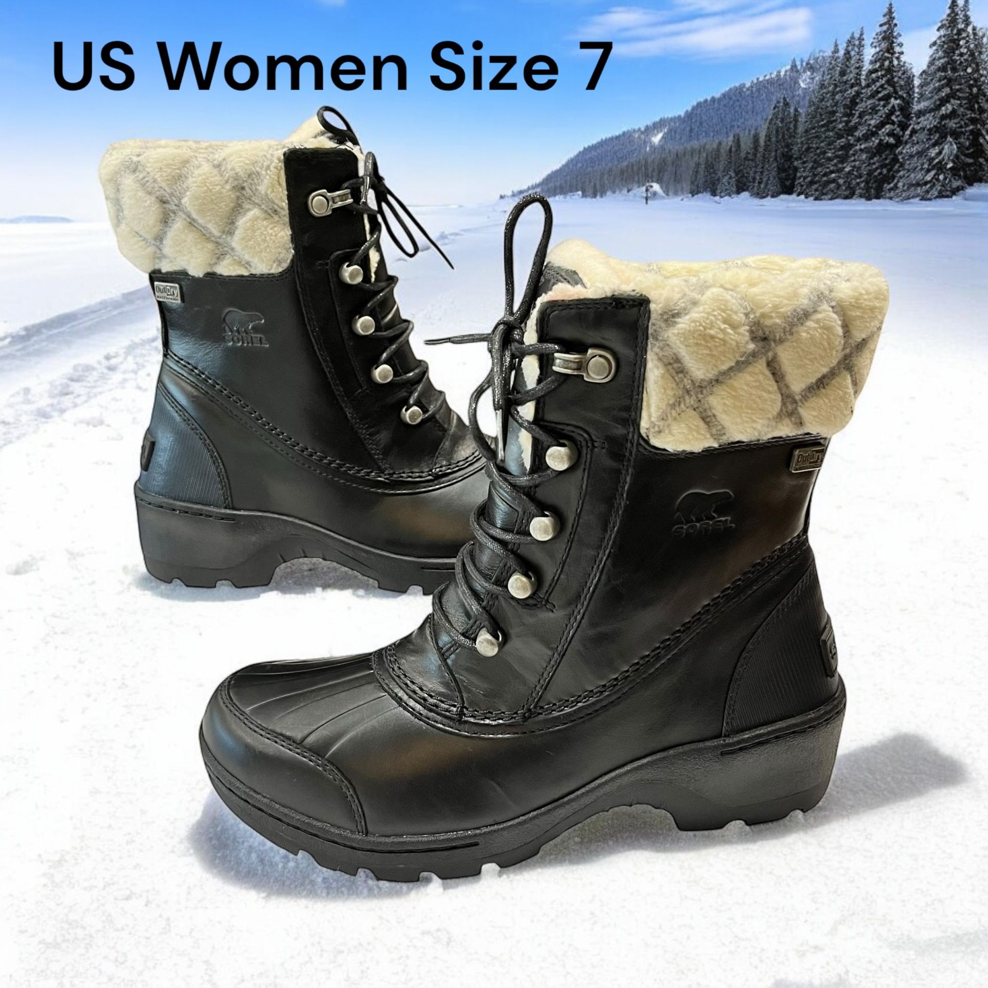 NEW Sorel Snow Boots Winter Waterproof Fur Trim Outdoor Warm Black Women Size 7