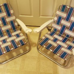 Lot of 2 Vintage/Rare Aluminum Folding Beach Lawn Patio Outdoor Chairs Webbed