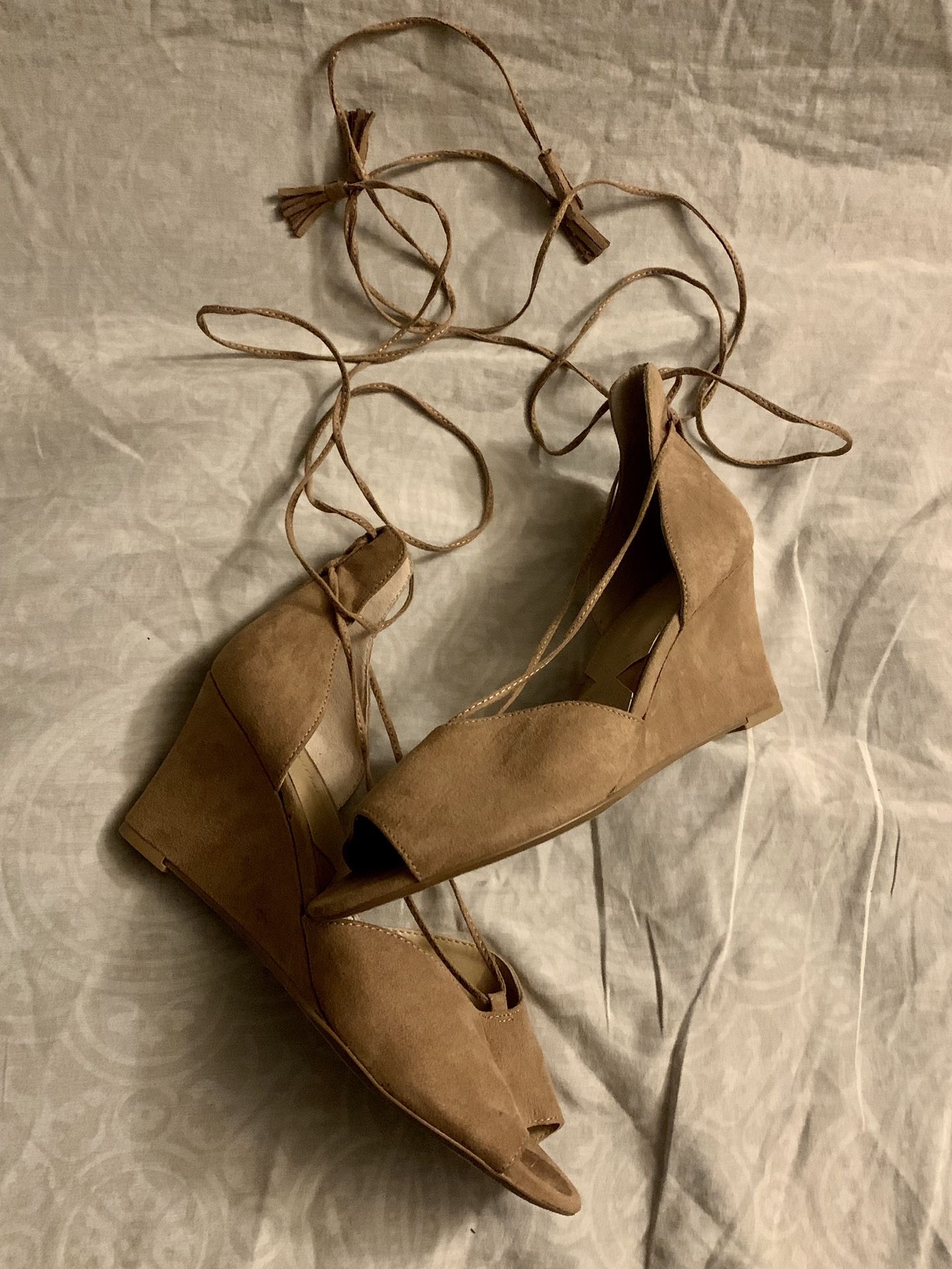 Tan suede wedge open toe heels women’s size 8