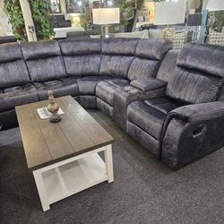 Brand New Blue Gray Limem Manual Reclining Sectional With Cup Holders (112"×110"x39"H)