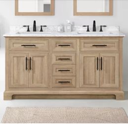 🆕 Doveton 60 in. Double Sink Freestanding Weathered Tan Bath Vanity with White Engineered Marble To