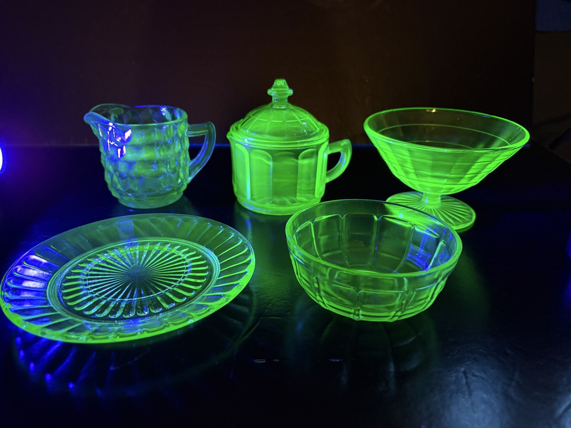 Vintage Uranium Vaseline Depression Green Glass collection Bowls, Pitchers, Plates