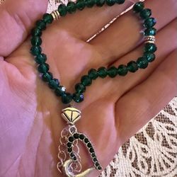 Mini Pocket 33 Faceted Glass Bead Islamic Prayer Beads Mesbiha Silver & Emerald Green With Heart