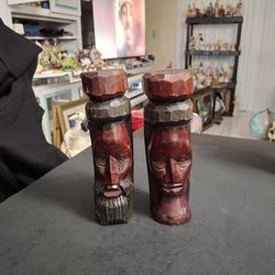 Vintage Pair Of Jamaican Hand-carved Wooden Tiki Statues-Totems Of A Man & Woman, Jamaican Folk Art 8"