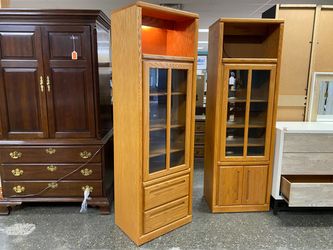 Light Oak Finish Lighted Display Cabinet w/ 2 Drawers