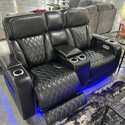 Power Electric Reclining Genuine Leather Black Sofa& Loveseat & Recliner 🌟Gray Leather Power Reclining Couches Available🌟Heat And Massage Couch 