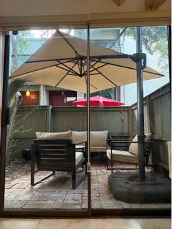 8x8 Cantilever Patio Umbrella – Tan/Beige w/ Base | Great Condition